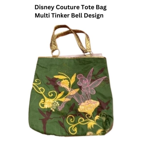 Disney Couture Handbags - Disney Couture Tote Bag Multi Tinker Bell Design Olive Green & Faux Gold Trim OS